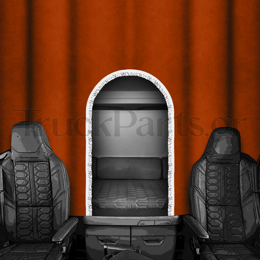 truck-bed-curtains-alcantara-orange-with-white-fringe-4cm-design-2 Iveco Κουρτίνες Κρεβατιού – Αλκαντάρα, Πορτοκαλί – Σχέδιο 2 - Image 1