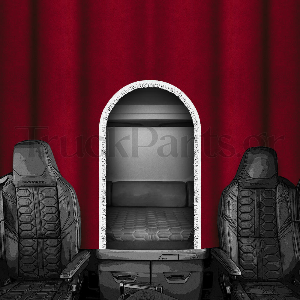 truck-bed-curtains-alcantara-red-with-white-fringe-4cm-design-2 Renault Κουρτίνες Κρεβατιού – Αλκαντάρα, Σκούρο Κόκκινο – Σχέδιο 2 - Image 1