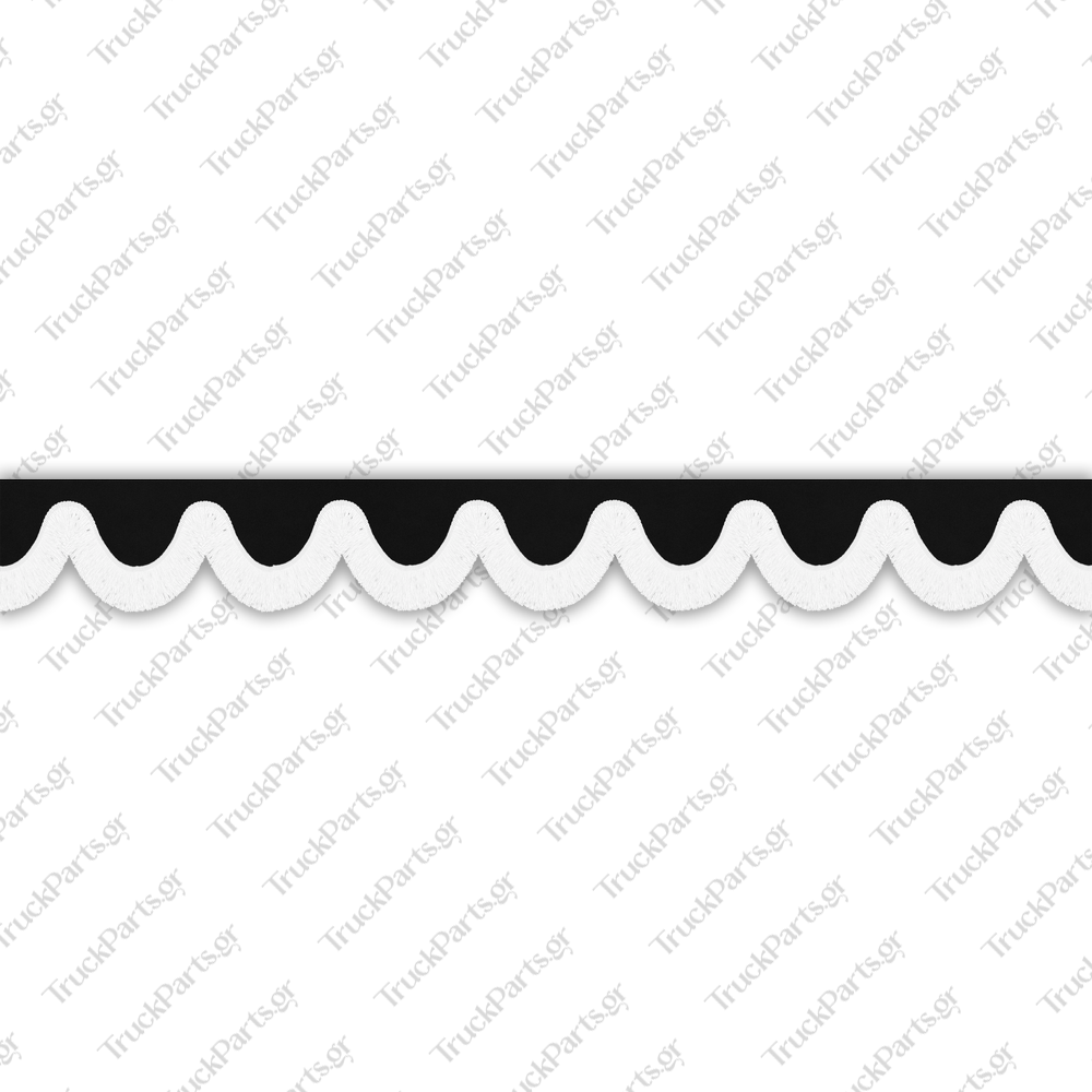 truck-windshield-pelmet-alcantara-black-with-white-fringe-10cm-design-3 Mercedes Κουρτινάκι Παρμπρίζ – Αλκαντάρα, Μαύρο με Κρόσι 10 cm – Σχέδιο 3 - Image 1