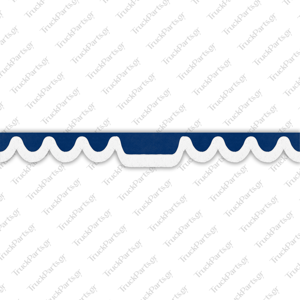 truck-windshield-pelmet-alcantara-blue-with-white-fringe-10cm-design-2 Renault Κουρτινάκι Παρμπρίζ – Αλκαντάρα, Μπλε με Κρόσι 10 cm – Σχέδιο 2 - Image 1