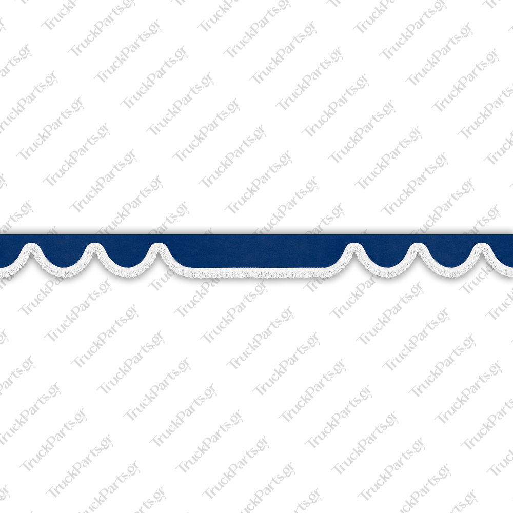 truck-windshield-pelmet-alcantara-blue-with-white-fringe-4cm-design-1 Volvo Κουρτινάκι Παρμπρίζ – Αλκαντάρα, Μπλε με Κρόσι 4 cm – Σχέδιο 1 - Image 1
