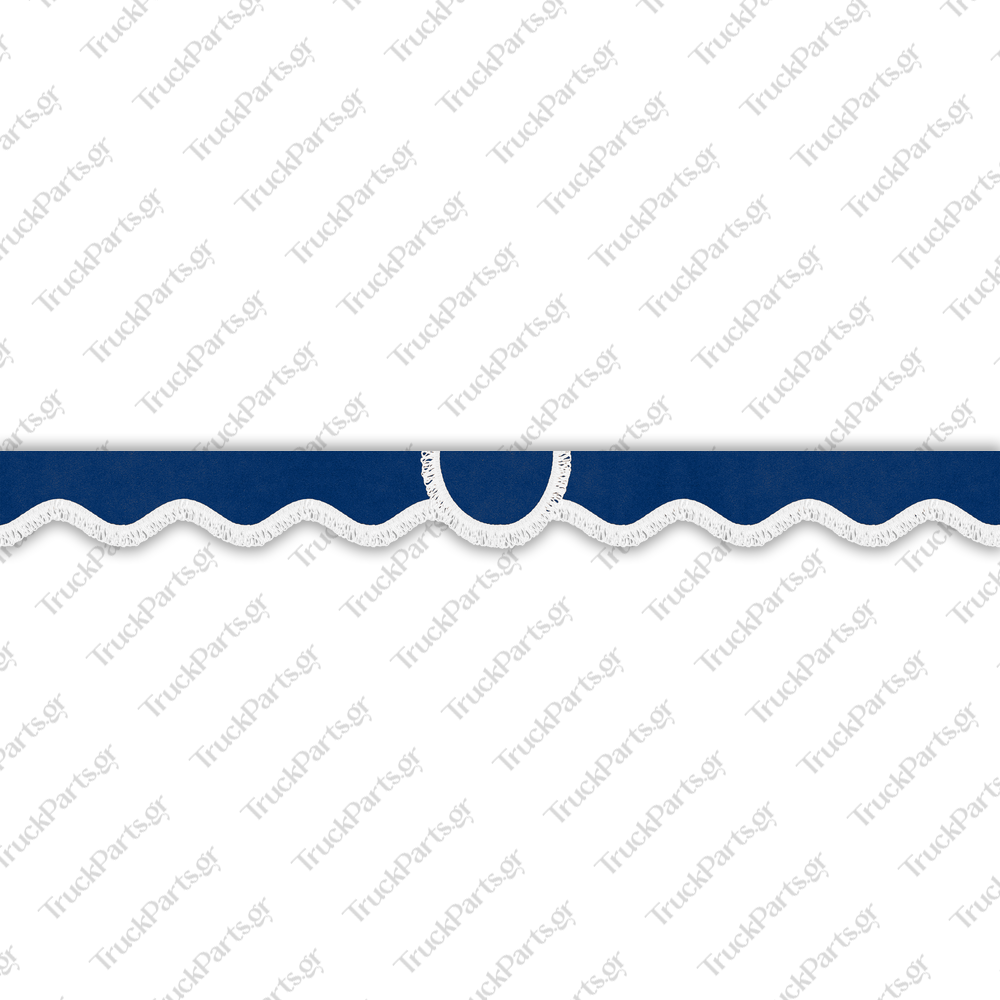 truck-windshield-pelmet-alcantara-blue-with-white-fringe-4cm-design-7 Iveco Κουρτινάκι Παρμπρίζ – Αλκαντάρα, Μπλε με Κρόσι 4 cm – Σχέδιο 7 - Image 1