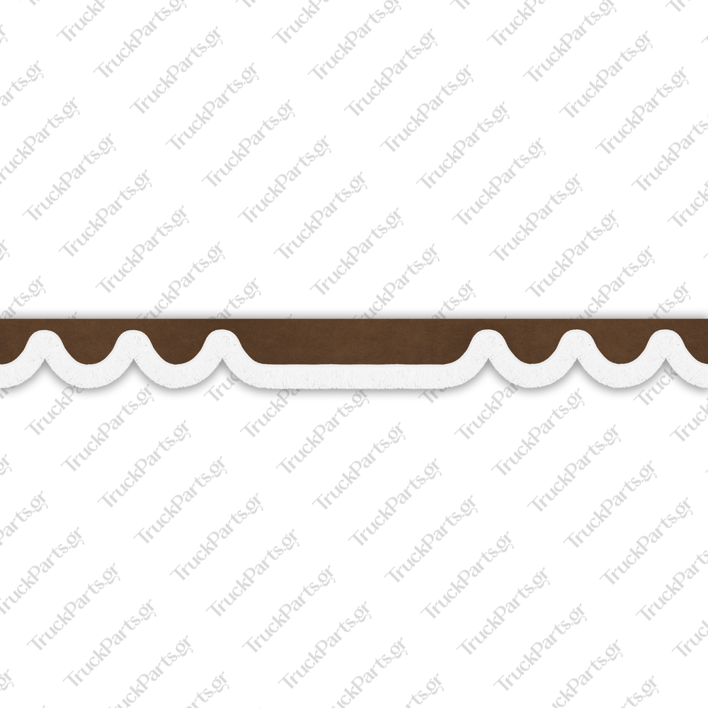truck-windshield-pelmet-alcantara-dark-brown-with-white-fringe-10cm-design-1 Volvo Κουρτινάκι Παρμπρίζ – Αλκαντάρα, Καφέ με Κρόσι 10 cm – Σχέδιο 1 - Image 1
