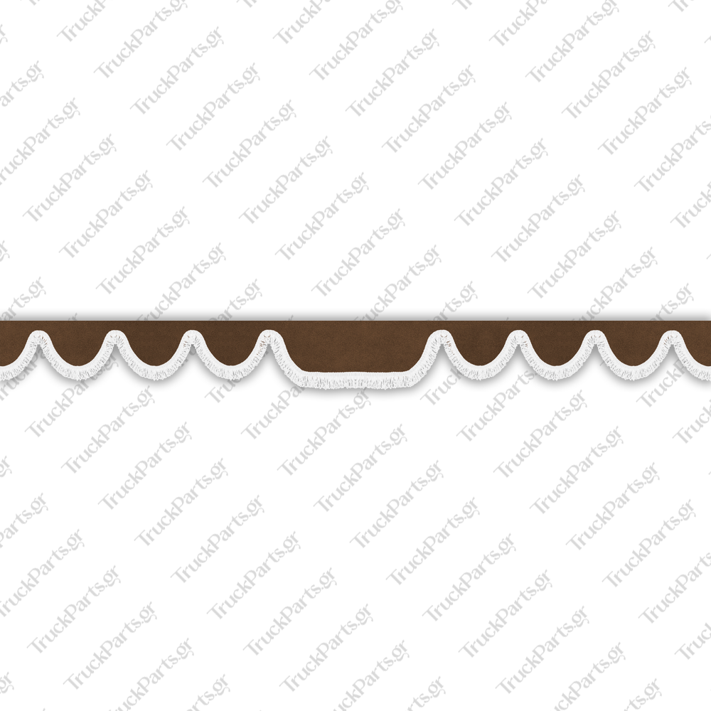 truck-windshield-pelmet-alcantara-dark-brown-with-white-fringe-4cm-design-2 Iveco Κουρτινάκι Παρμπρίζ – Αλκαντάρα, Καφέ με Κρόσι 4 cm – Σχέδιο 2 - Image 1