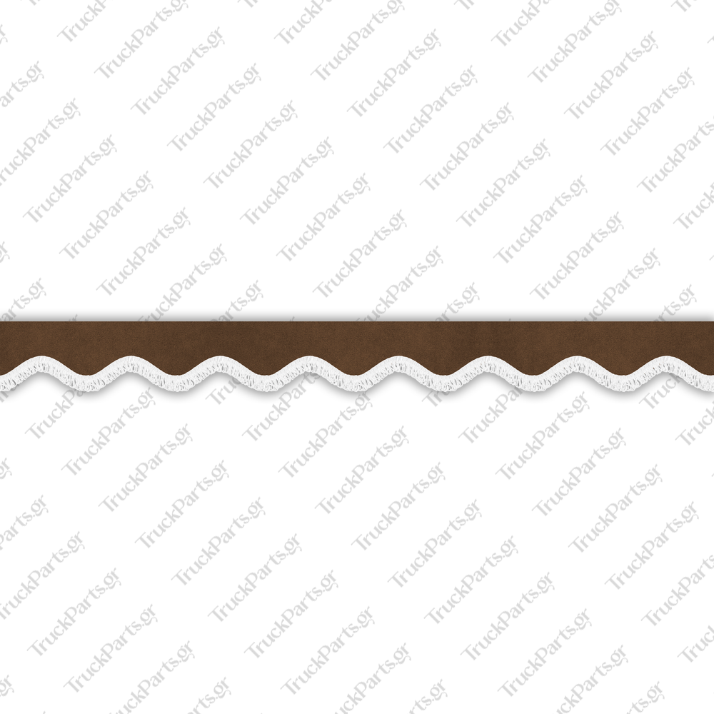 truck-windshield-pelmet-alcantara-dark-brown-with-white-fringe-4cm-design-4 Iveco Κουρτινάκι Παρμπρίζ – Αλκαντάρα, Καφέ με Κρόσι 4 cm – Σχέδιο 4 - Image 1