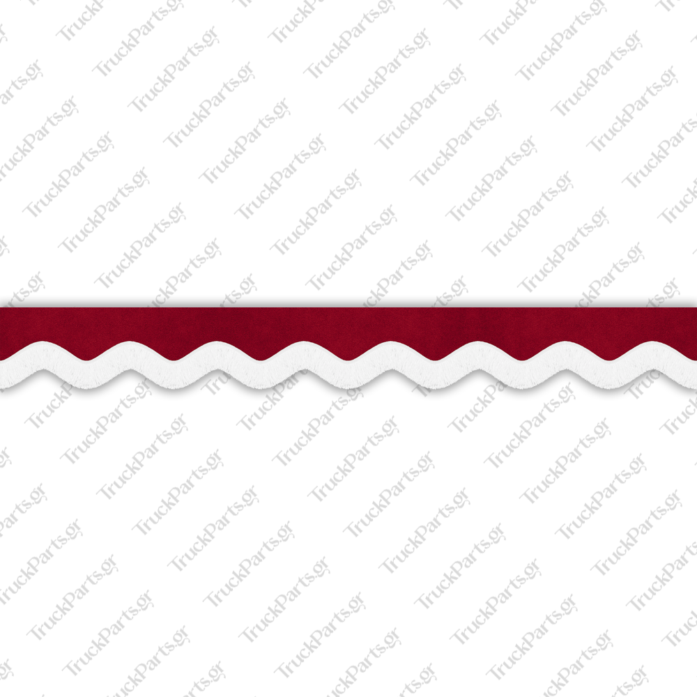 truck-windshield-pelmet-alcantara-red-with-white-fringe-10cm-design-4 Iveco Κουρτινάκι Παρμπρίζ – Αλκαντάρα, Σκούρο Κόκκινο με Κρόσι 10 cm – Σχέδιο 4 - Image 1