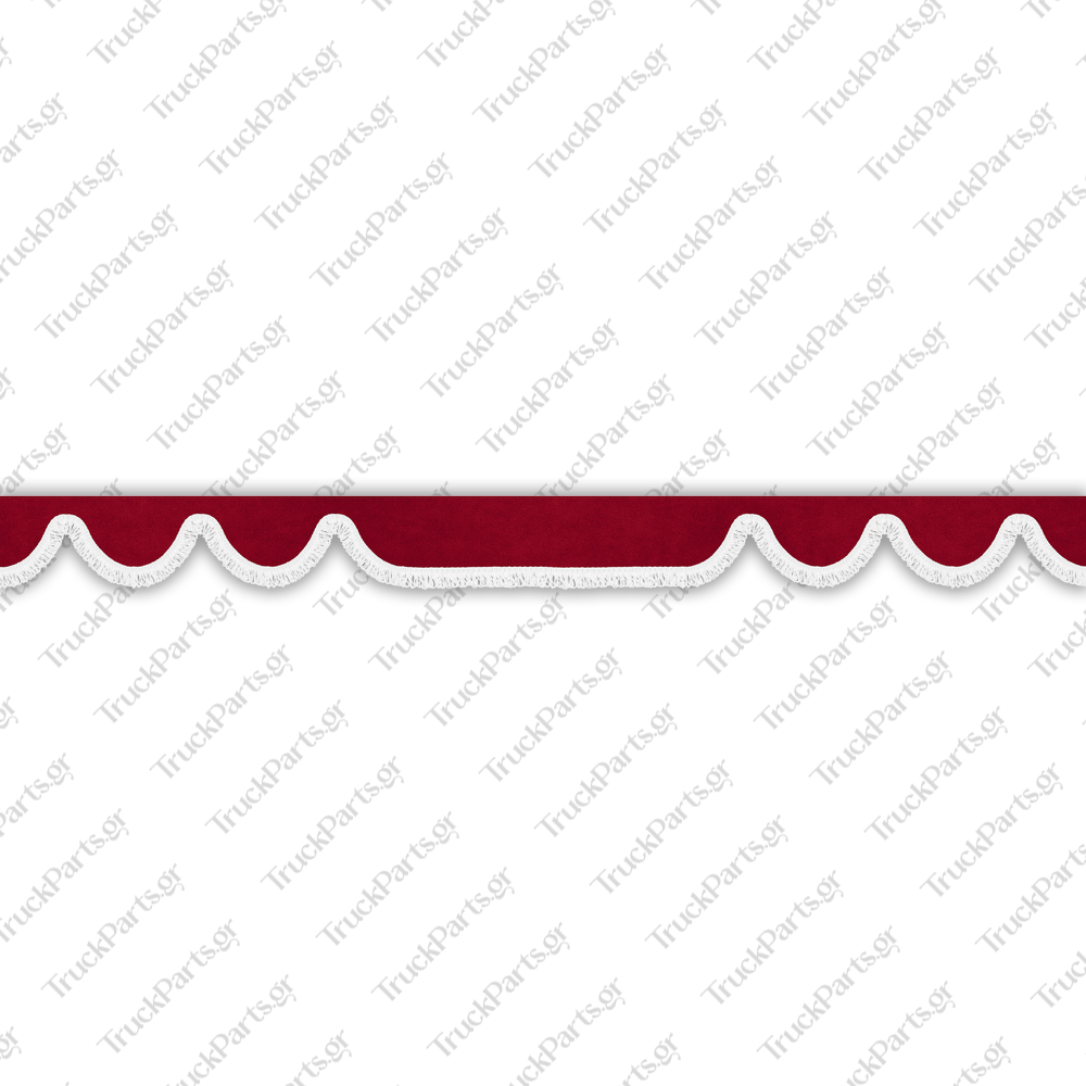 truck-windshield-pelmet-alcantara-red-with-white-fringe-4cm-design-1 Daf Κουρτινάκι Παρμπρίζ – Αλκαντάρα, Σκούρο Κόκκινο με Κρόσι 4 cm – Σχέδιο 1 - Image 1