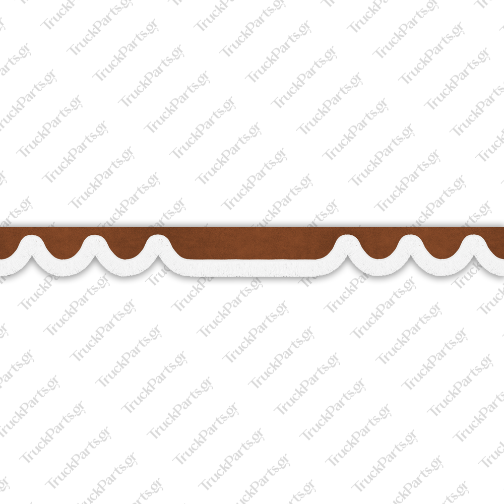 truck-windshield-pelmet-alcantara-taba-with-white-fringe-10cm-design-1 Iveco Κουρτινάκι Παρμπρίζ – Αλκαντάρα, Ταμπά με Κρόσι 10 cm – Σχέδιο 1 - Image 1