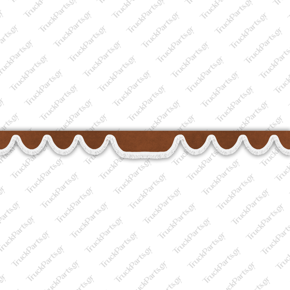truck-windshield-pelmet-alcantara-taba-with-white-fringe-4cm-design-2 Mercedes Κουρτινάκι Παρμπρίζ – Αλκαντάρα, Ταμπά με Κρόσι 4 cm – Σχέδιο 2 - Image 1